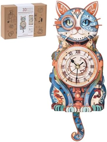 3D Wooden Puzzles for Adults, Detective Cat Clock with Pendulum Model Kit, 3D Puzzles for Adults Room Home Decor DIY Wall Clock Kit, Holiday Birthday Christmas Day Gifts for Men Women Teens