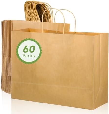 woric 60 PCS Brown Paper Bags with Handles, Christmas Gift Bags 16 x 6 x 12 inch Large Gift Bag Bulk Paper Bags Shopping Bags for Grocery Small Business Stocking Stuffers