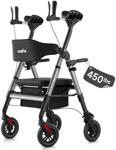 Upright Walkers for Seniors, Stand Up Rollator Walker with Padded Seat and Backrest, Heavy Duty Forearm Rollator with Support Handrail, Holds up to 450 pounds, Compact Folding, Grey