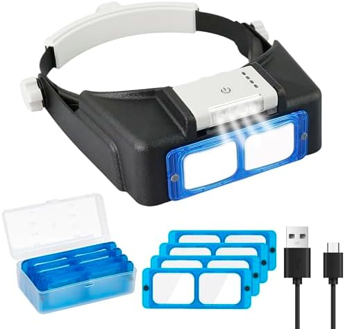 Beileshi Rechargeable Head-Mounted Magnifier with LED Light, Headband Double Lens Illuminated Reading Magnifier Loupe Jewelry Visor Opitcal Glass Binocular Magnifier with Lens -1.5X 2X 2.5X 3.5X