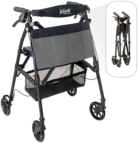 Stander Wonder Rollator Plus, Lightweight Folding Mobility Rolling-Walker, EZ Fold-N-Go-Rollator for Seniors and Adults, 6-inch Wheels, Locking Brakes and Padded Seat with Backrest, Matte Black