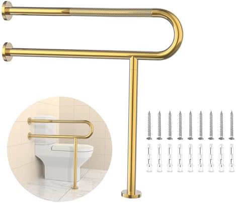 Toilet Grab Bar 31.3 Inch with Leg, YuanDe Wall Mounted Safety Bar, Brushed Gold Stainless Steel Anti-Slip Bathroom Support Rail for Elderly, Disabled, Handicap, Seniors, Injury Recovery
