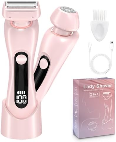 2 in 1 Women Electric Shaver, Dual Head Bikini Trimmer for Women, Rechargeable Ladies Electric Razor for Bikini Underarm Leg Arm Body Face Private Area, Wet and Dry Use Body Hair Trimmer