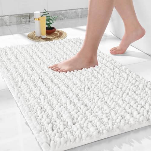 Yimobra Bath Rug Mat, 32 x 20, Soft Shaggy Non-Slip Chenille Bathroom Rugs, Large Size, Super Absorbent and Thick, Machine Washable Bathroom mat, Tub and Shower, Home Decor Accessories, Bright White