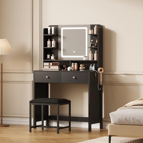 Black Vanity with Lighted Mirror, 8 Shelves, 2 Drawers, Charging Station, Hair Dryer Holder & Stool, LED Mirror with 3 Light Modes