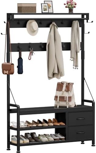 Lulive Hall Tree with Bench and Shoe Storage, 39.4â€ Entryway Bench with Coat Rack freestanding, 5 in 1 Entryway Furniture Organizer Large Coat and Shoe Rack with 21 Hooks and Drawers, Black