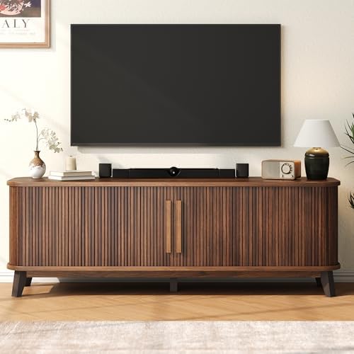 66" TV Stand for 80 Inch TV, Modern Entertainment Center with Storage Cabinet and Adjustable Shelves, Mid-Century Wood Curved TV Media Console with Sliding Doors for Living Room, Bedroom, Walnut