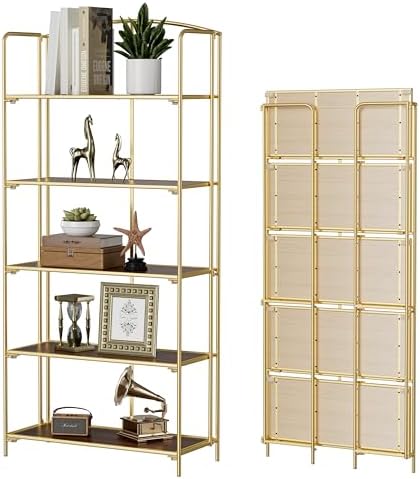 Crofy No Assembly Folding Bookshelf for Living Room, 5 Tier Gold Collapsible Book Shelf for Home Office, Portable Bookcase Storage Organizer