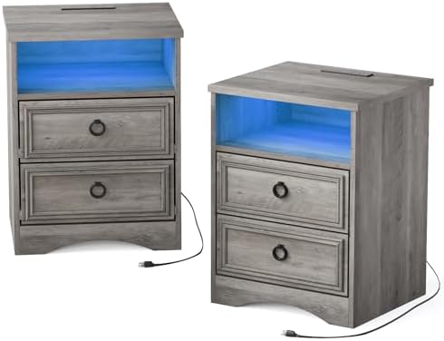 LGHM Set of 2 Nightstand with Charger Station Strip Lights, Large Night Stand with 2 Drawers,17.7" W Accent Bed Side Table and End Table with Large Open Compartment for Bedroom, Living Room,Gray