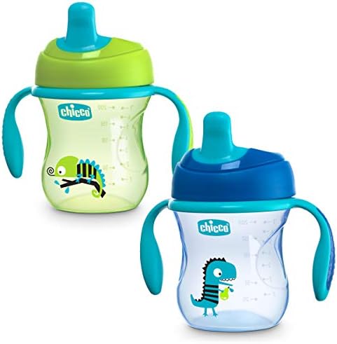 Chicco Semi-Soft Spout Spill Free Baby Trainer Sippy Cup, 6 Months, Blue/Teal, 7 Ounce (Pack of 2)
