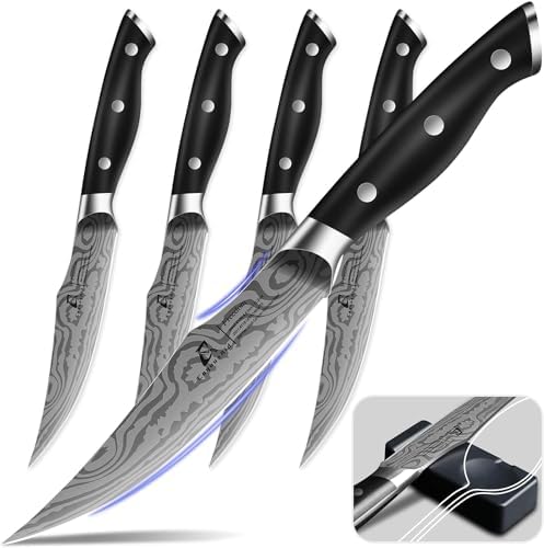 Steak Knives Set of 4, 4.8 Inch Fine-Edge Super Sharp Table Knives with Rest, Premium Germany Stainless Steel Ergonomic Handle, Elegant Black Ideal for Gift