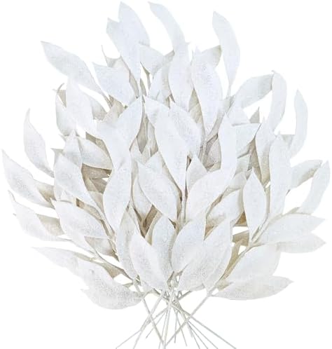 Winlyn 20 Pcs Christmas Artificial Leaf Sprays White Glittered Bay Leaf Picks 12" Tall Christmas Tree Picks Decorations for White Christmas Tree Seasonal Wreath Winter Arrangement Wedding Centerpiece