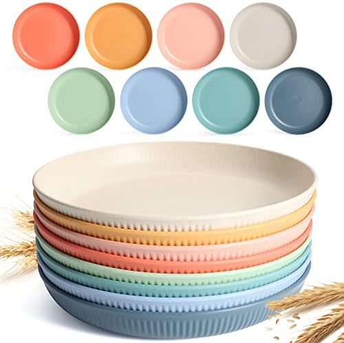 8 PACK 9 Inches Lightweight Wheat Straw Plates,Wheat Straw Fiber Lightweight Unbreakable Dinner Plates, Microwave and Dishwasher Safe, Plates Easy to Clean & Reusable