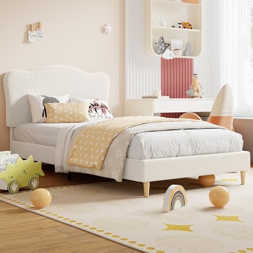 GarveeHome Upholstered Full Size Bed Frame for Kids with Scallop Headboard, Cute Velvet Full Bed for Girls, Boys, Sturdy Platform Bed, No Box Spring Needed, Wooden Slats, Noise Free, White