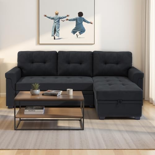 L Shaped Sleeper Sofa Bed, 86" Pull-Out Couch Bed with Storage Chaise, Linen Sectional Convertible Sofa Couches for Living Room, Apartment, Bedroom, Black