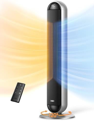 Dreo Tower Fan and Heater Combo, 29.2ft/s Standing Fans for Bedroom, 17 Levels, 6 Modes, 120° Oscillation, 42 Inch, 12H Timer, 25dB Quiet, with Remote, for Office, Large Room, Silver