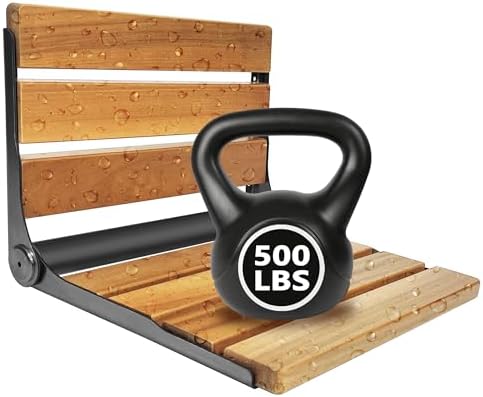 Folding Shower Seat Teak, Bath Safety Furniture Stainless Steel, Shower Seats for Elderly, Fold Down Shower Seat (Black)