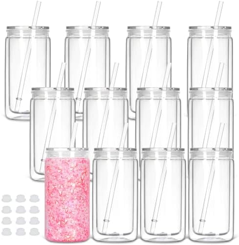 12 Pack Snow Globe Tumbler with Pre Drilled Hole, 16 Oz Double Wall Plastic Can with Lid and Straw, Plastic Mason Jar Mug for Snow Globe Glitter DIY Gift (Clear)