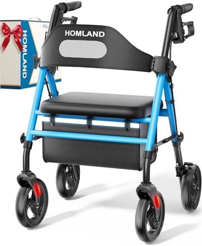 Foldable Rollator Walkers with Seat for Seniors, 8'' Big Wheels, 350 lb. Weight Capacity, Adjustable Handles and Seat Height, Lightweight Rolling Walker, Light Blue