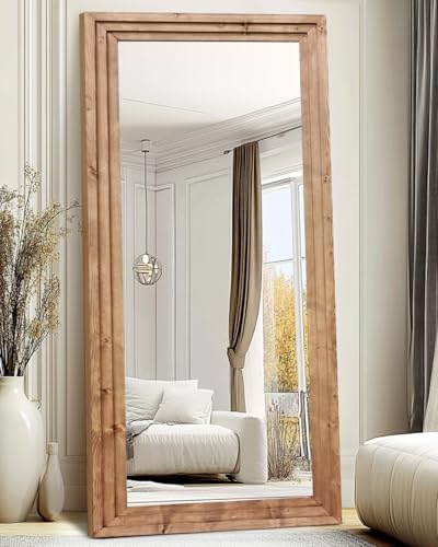 Full Length Mirror 76"x34" Solid Wood Frame Floor Large Mirror for Living Room, Bedroom Hanging or Leaning Wall-Mounted, Light Brown