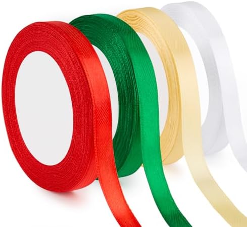 4 Rolls 3/8 Inch Christmas Ribbons Set, 100 Yards Satin Ribbon for Xmas Gift Wrapping, DIY Crafts, Christmas Trees Ornaments (Red, Green, Champagne, White)