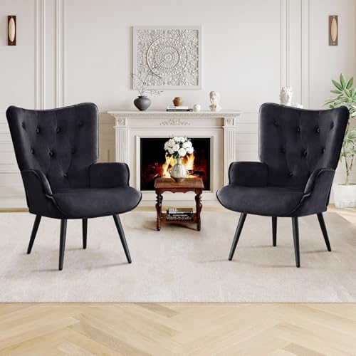 Furniliving Velvet Accent Chair for Living Room, Upholstered Reading Chair with High Backrest, Tufted-Button Wingback Armchair for Bedroom, Dressing Room, Home Office, Black, Set of 2