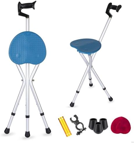 Folding Cane Seat Sturdy Lightweight Adjustable Handle Legs with LED Light Cushion for Elderly Walking Stick 300 lbs Large Plate