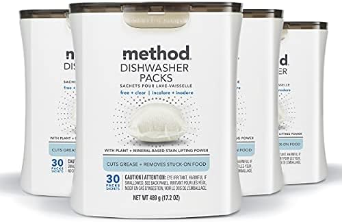 Method Dishwasher Detergent Packs, Fragrance Free + Clear, Dishwashing Rinse Aid to Lift Tough Grease and Stains, 30 Dishwasher Tabs per Package, (Pack of 4)