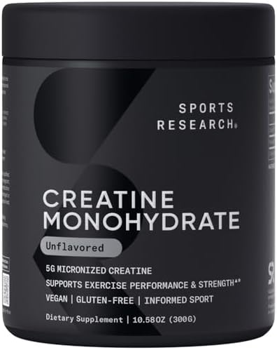 Sports Research Creatine Monohydrate - Gain Lean Muscle, Improve Performance and Strength and Support Workout Recovery - 5 g Micronized Creatine - 10.58 oz