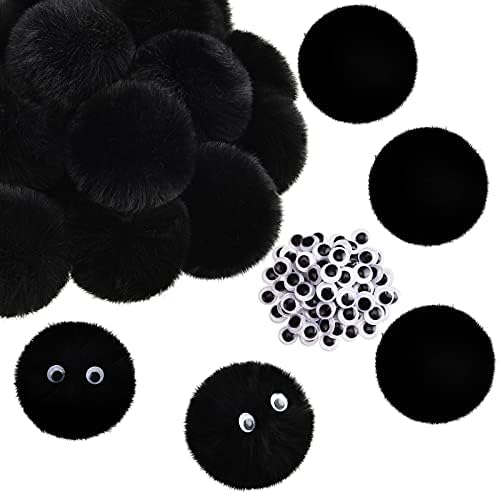 30 Pieces 2.6 Inch Black Pom Pom Balls Fluffy Craft Pom Poms Large Black Pom Poms Creative Crafts Decorations with 100 Pieces Plastic Self-adhesive Googly Eyes for DIY Craft Christmas Party Decoration