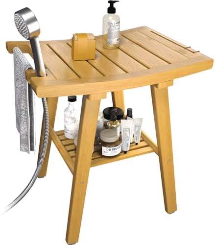 Bamboo Shower Bench Stool, Shower Chair for Inside Shower with 2-Tier Storage Shelf, Waterproof Shower Seat for Shaving Legs, Spa Bathroom Shower Bench for Senior Adult Disabled Elderly