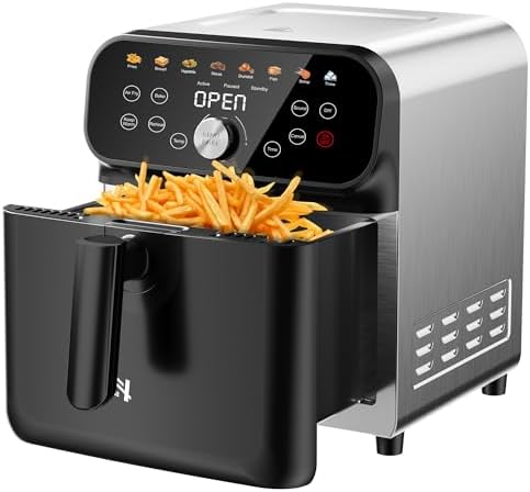 Air Fryer, 6.2QT Air Fryer Oven with LED Digital Touchscreen, 12 Preset Cooking Functions Air fryers, Bake, Reheat, Keep Warm, Nonstick and Dishwasher-Safe Basket, Stainless Steel/Black