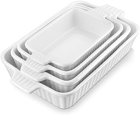 MALACASA Casserole Dishes for Oven, Porcelain Baking Dishes, Ceramic Bakeware Sets of 4, Rectangular Lasagna Pans Deep with Handles for Baking Cake Kitchen, White (9.4"/11.1"/12.2"/14.7"), Series