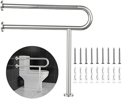 Toilet Grab Bar 31.3 Inch, YuanDe Wall to Floor Brushed Nickel Bathroom Safety Bar w/Anti-Slip Knurled Grip, Stainless Steel Handicap Grab Bar with Leg,Support Bar for Disabled Elderly Pregnant