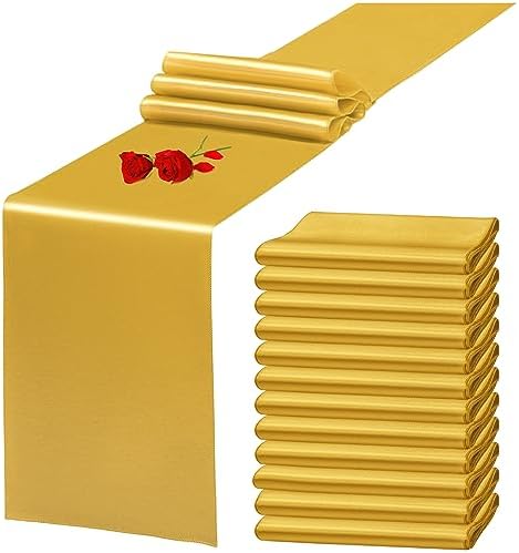 12 Pack Gold Satin Table Runner 12 x 108 Inch Long Premium Table Runners, for Wedding Party Events Decoration, Birthday Parties, Banquets Decorations, Graduations, Engagements