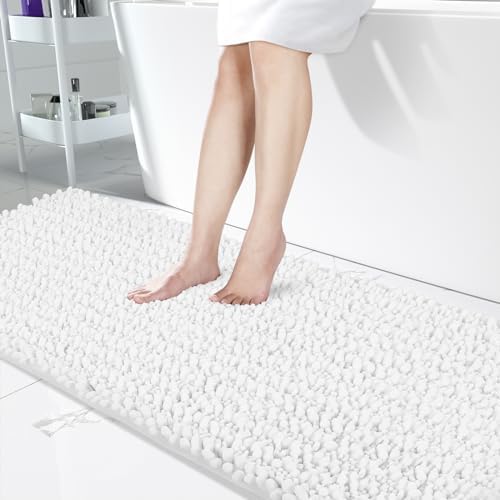 Yimobra Bathroom Runner Rug 70x24 Inch - Extra Long Non Slip Chenille Bath Mat, Soft & Absorbent, Machine Washable Shaggy Hallway Carpet for Vanity Tub Shower, White Home Decor Accessories