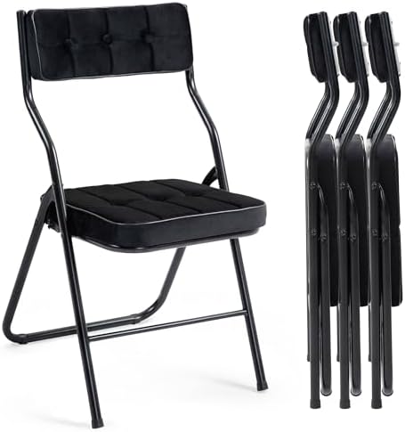 HOMEFUN Padded Folding Chairs 4 Pack - Foldable Dining Chair with Cushion, Portable and Assembled Extra Seat for Guests Kitchen Office Wedding Party Black