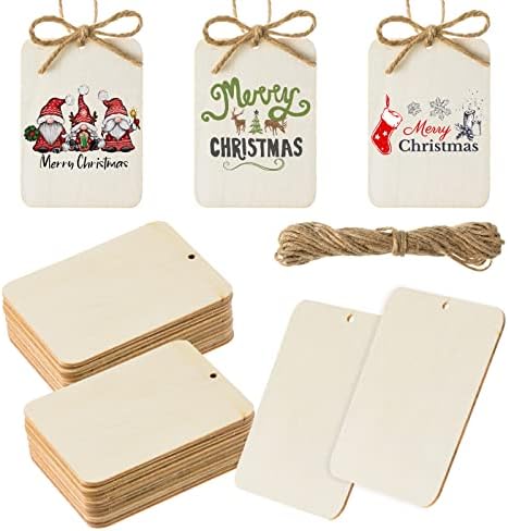 120 Pcs Wooden Tags 2.5 x 3.5 Inch Unfinished Wood Rectangle Square Wooden Cutouts with Holes Wood Ornaments with 32.8ft Rope for Holiday Gift Tags DIY Craft Christmas Hanging Decorations Painting