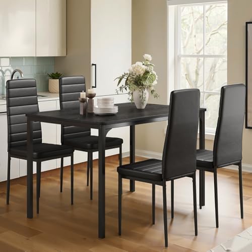 Gizoon Dining Table Set for 4, Kitchen Table Chairs Set of 4, 5 Piece Kitchen Table Set with 4 Upholstered PU Leather Chairs for Dining Room, Living Room, Apartment, Small Space, Black