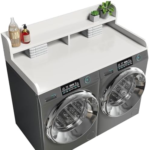 2-Tier Washer Dryer Countertop with 2.75"H Edge Rails, 54" W x 27.55" D Laundry Countertop for Folding Clothes, Washer and Dryer Topper with Non-Slip Pad (White)