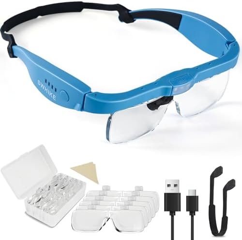 Magnifying Glass with Light Hands Free, Rechargeable Magnifying Glasses Headset with 5 Detachable Lenses Magnifier for Close Work, Reading, Jewelry Making Crafts (Blue)