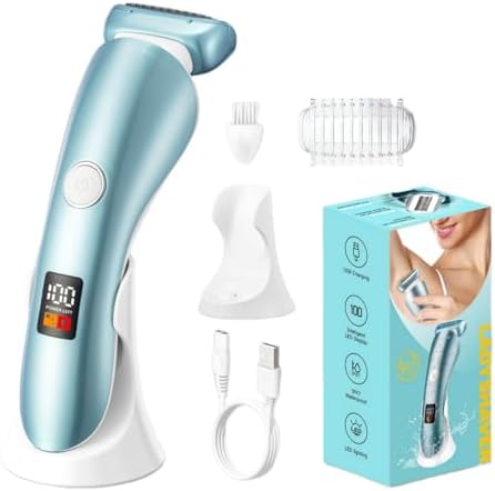 Electric Shaver for Women, Bikini Trimmer Wet & Dry Use, Body Hair Removal, Electric Razors for Leg Armpit Public Painless, Cordless Rechargeable Trimmer, Detachable Head, with LED Light