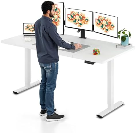 SANODESK Electric Standing Desk 71 x 32 Inches Height Adjustable Stand Up w/6-Button Controller Ergonomic Computer Desk with Splice Board for Home Office, White Frame + White Tabletop