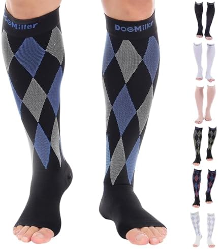 Doc Miller Open Toe Compression Socks for Men & Women, 30-40 mmHg Knee High Support, Toeless Design for Daily Leg Comfort, Breathable Nylon Spandex, 1 Pair