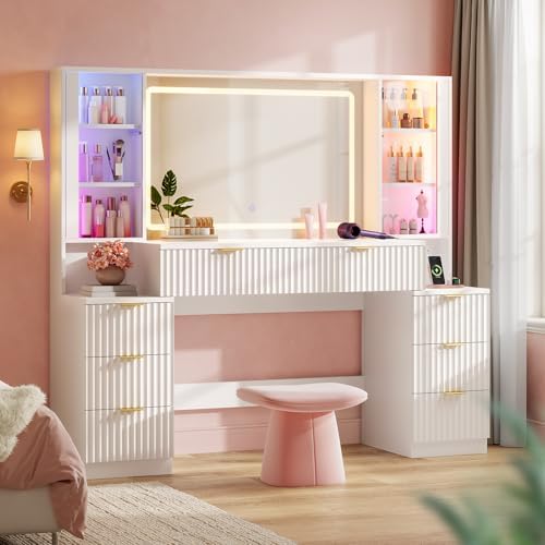 Big Vanity, 59.1" Fluted Wood Makeup Vanity Desk with Mirror and Sound Sync LED Lights, Large Vanity Dressing Table, 8 Drawers, 2 Glass Cabinets, with Charging Station for Girls, Women (White)