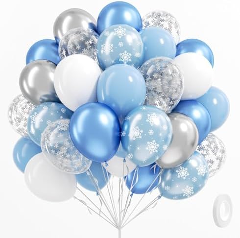 61pcs Winter Wonderland Balloons Set, Snowflake Confetti Balloons Blue Metallic Silver White Balloon for Snowflake Frozen Christmas Winter Wonderland Birthday Party Decoration