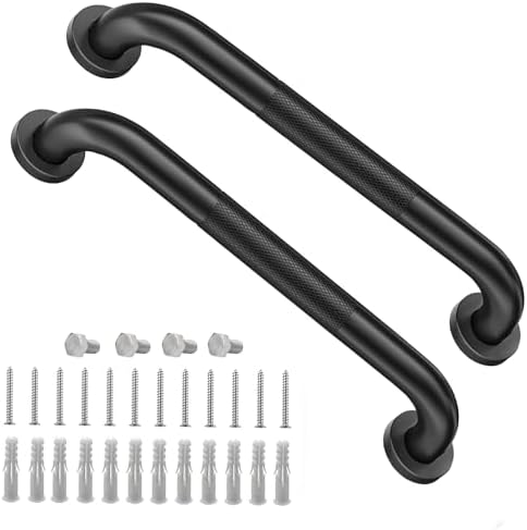 2 Pack Shower Grab Bars for Bathroom 16 Inch Black Stainless Steel Anti-Slip Knurled Grip Home Care Bath Handrail Safety Hand Rail Support for Showers Seniors Elderly Assist Handicap Bath Handle