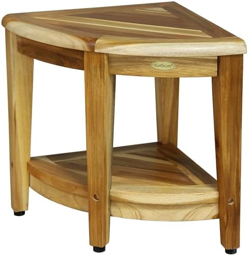 EcoDecors 18” Teak Corner Shower Stool –Waterproof Bench, Space-Saving Bathroom Seat | Compact Teak Shower Stool for Inside Shower | Sturdy 300 Pound Capacity with Shelf & Adjustable Feet