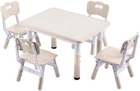 Height-Adjustable Kids Table and 4 Chairs Set, Toddler Table and Chair Set with Graffiti Desktop, 31.5''L x 23.6''W Children Activity Table for Daycare, Classroom, Home