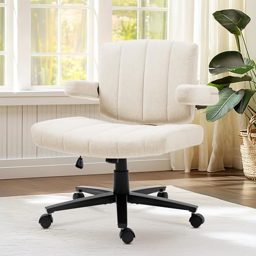 Criss Cross Chair with Wheels – Comfortable Vanity Chair, Wide Rolling Cross Legged Office Chairs with Arms, Adjustable Desk Chairs Comfy for Home Office, Swivel Task (White)